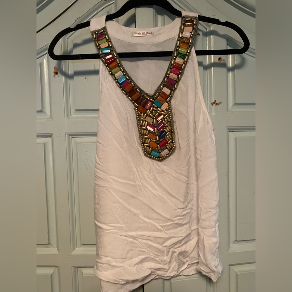 White cotton faux stone and gold bead halter top size M